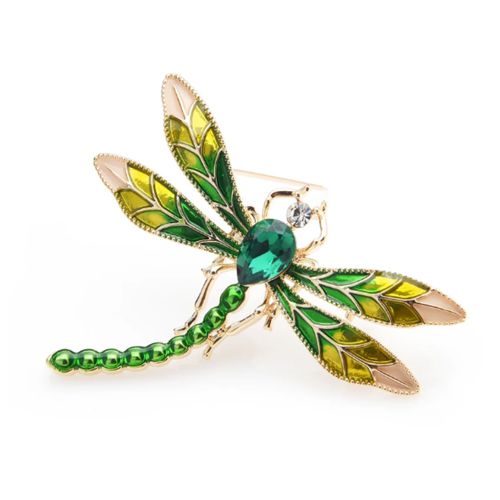 Green and Yellow Dragonfly Brooch - Enamel and Rhinestones